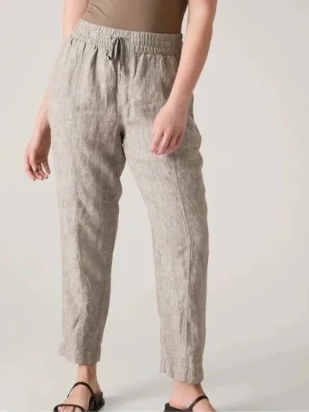Athleta 100% Linen Retreat High Rise Ankle Pants Small Brown Beach Coastal Boho